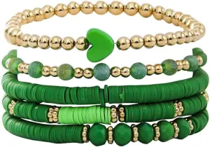 5Pcs Heishi Beaded Stretch Bracelets Bohemian Stackable Bracelet Heart Clay Gold Beaded Bracelet for Women Multi-Layer Friendship Summer Beach Jewelry