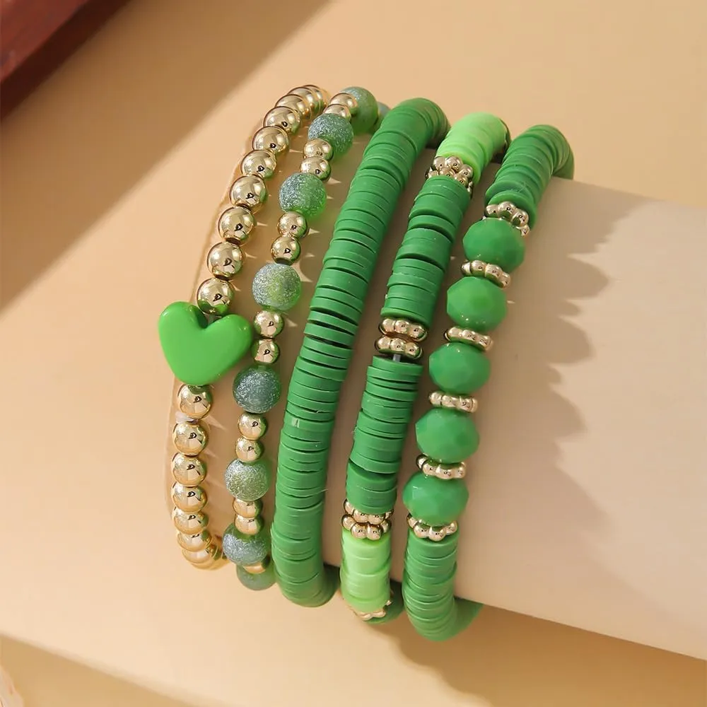 5Pcs Heishi Beaded Stretch Bracelets Bohemian Stackable Bracelet Heart Clay Gold Beaded Bracelet for Women Multi-Layer Friendship Summer Beach Jewelry