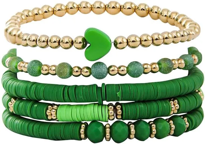 5Pcs Heishi Beaded Stretch Bracelets Bohemian Stackable Bracelet Heart Clay Gold Beaded Bracelet for Women Multi-Layer Friendship Summer Beach Jewelry