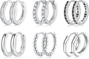6 Pairs Sterling Silver Hoop Earrings for Women White Gold Plated Earring Small Cartilage Sleepers Hoops S925 Hypoallergenic Earrings Cubic Zirconia Huggie Hoop Earrings for Men Women Gift