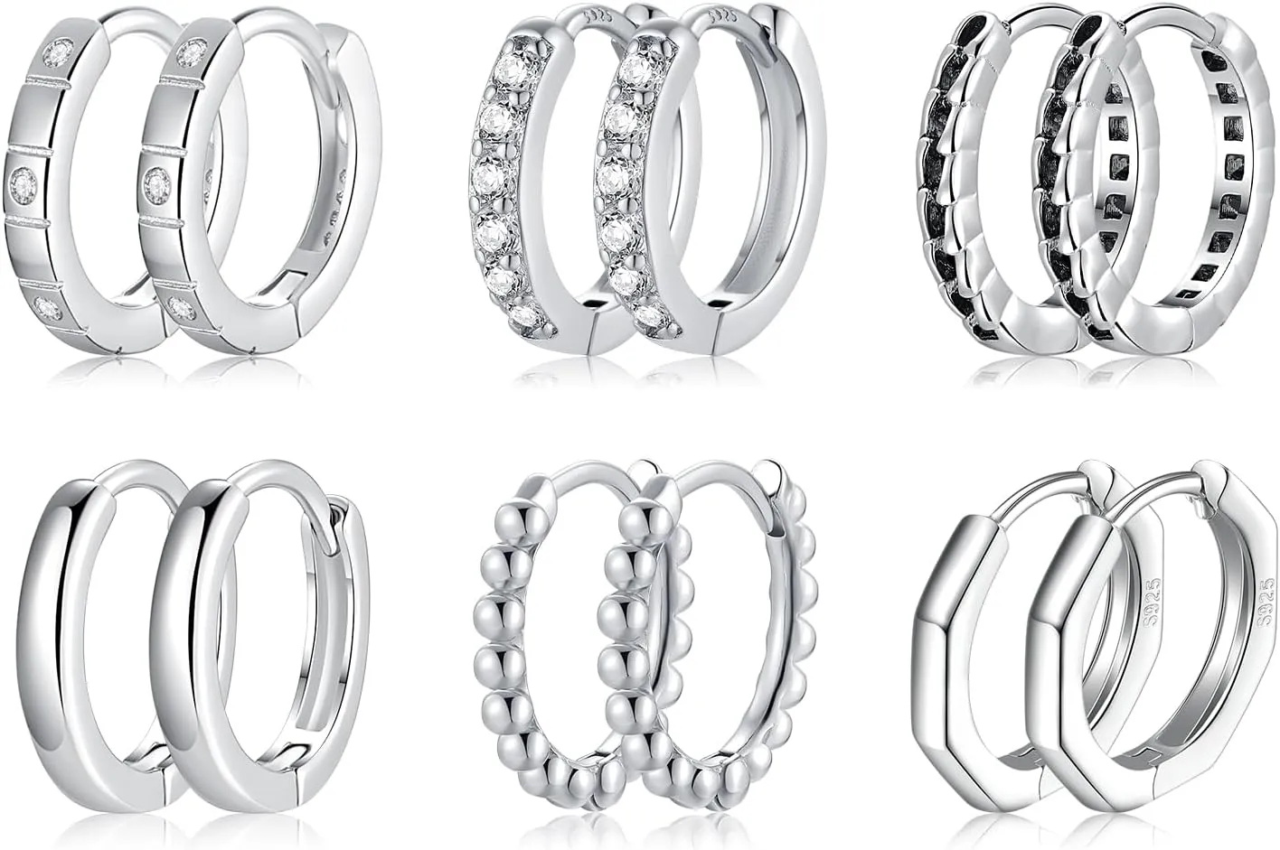 6 Pairs Sterling Silver Hoop Earrings for Women White Gold Plated Earring Small Cartilage Sleepers Hoops S925 Hypoallergenic Earrings Cubic Zirconia Huggie Hoop Earrings for Men Women Gift