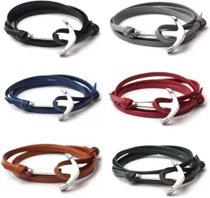 6 Pcs Unisex Nautical Rope Wrap Long Anchor Bracelet for Men and Women