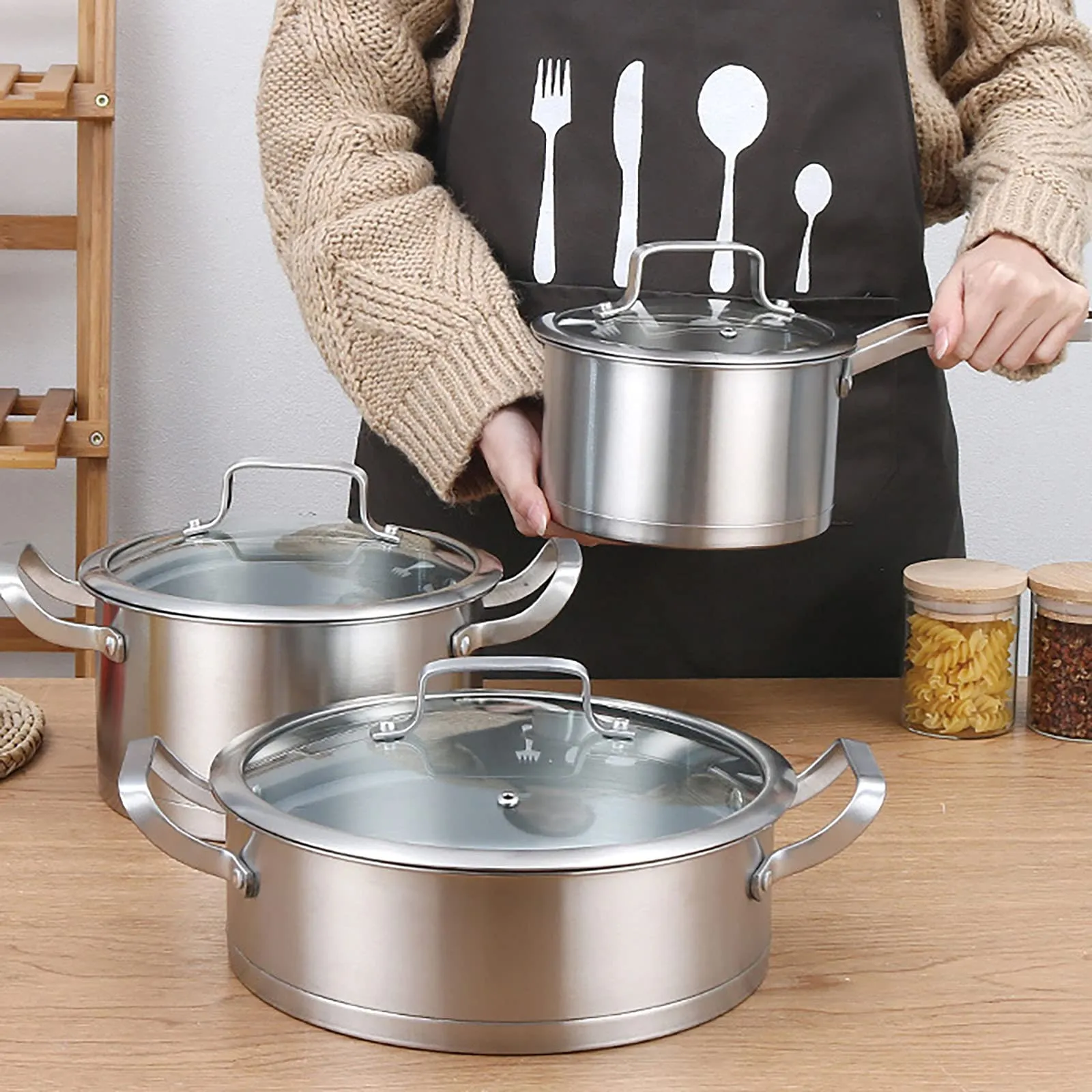 6-Piece Kitchen Cookware Set | 430 Stainless Steel Pots and Pans | Milk Stock Pot Set