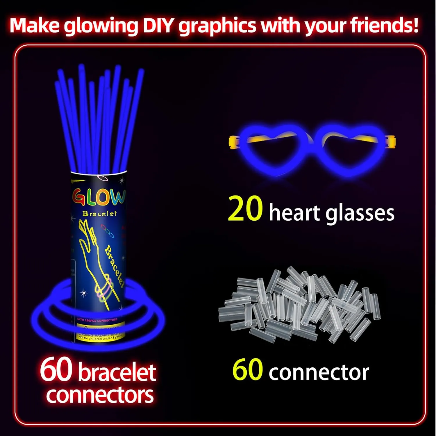 60 Pack 8 Blue Glow Sticks Bulk Bright Glow Sticks with 60 Connectors 20 Heart Glasses Glow In The Dark Party Supplies Neon Party Decorations Glow Bracelet Glasses for Holiday Party Carnival (Blue)