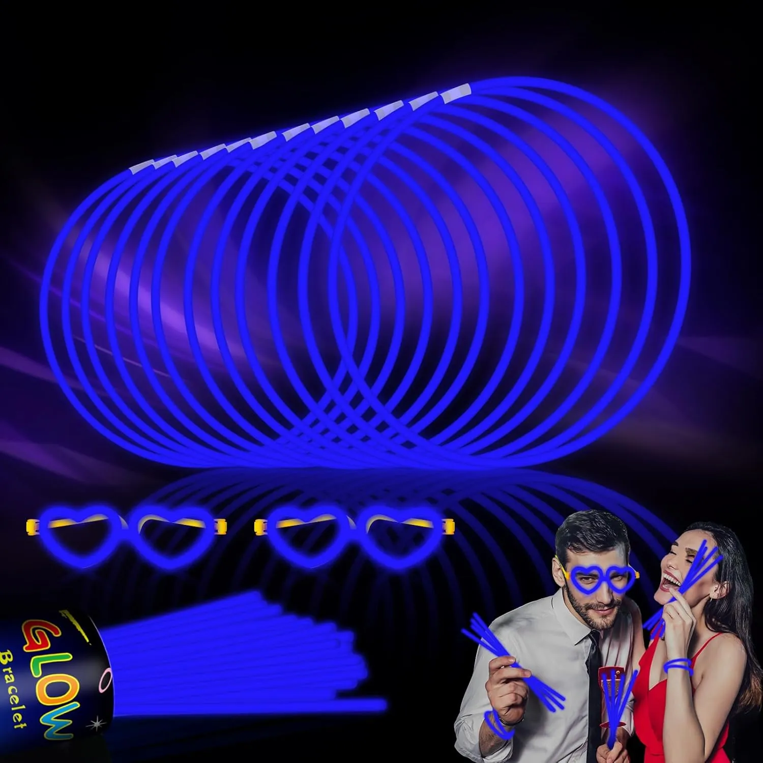 60 Pack 8 Blue Glow Sticks Bulk Bright Glow Sticks with 60 Connectors 20 Heart Glasses Glow In The Dark Party Supplies Neon Party Decorations Glow Bracelet Glasses for Holiday Party Carnival (Blue)