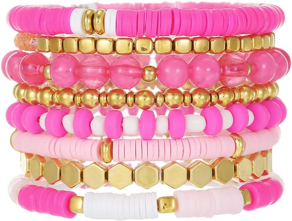8Pcs Heishi Beaded Stretch Bracelets Bohemian Stackable Bracelet Heart Clay Gold Beaded Bracelet for Women Multi-Layer Friendship Summer Beach Jewelry