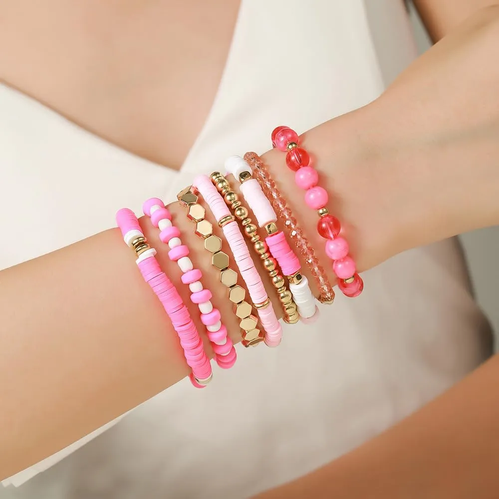 8Pcs Heishi Beaded Stretch Bracelets Bohemian Stackable Bracelet Heart Clay Gold Beaded Bracelet for Women Multi-Layer Friendship Summer Beach Jewelry