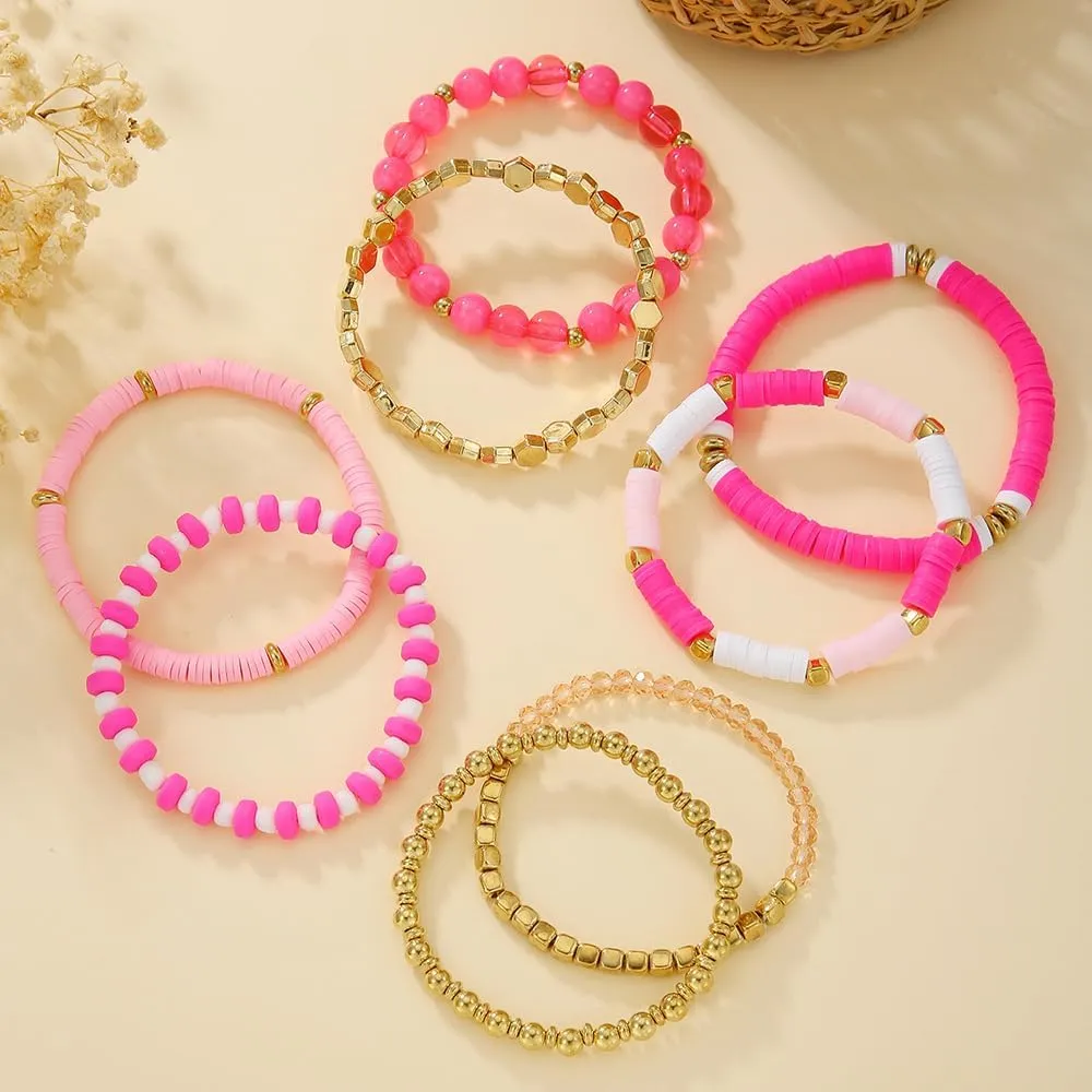 8Pcs Heishi Beaded Stretch Bracelets Bohemian Stackable Bracelet Heart Clay Gold Beaded Bracelet for Women Multi-Layer Friendship Summer Beach Jewelry