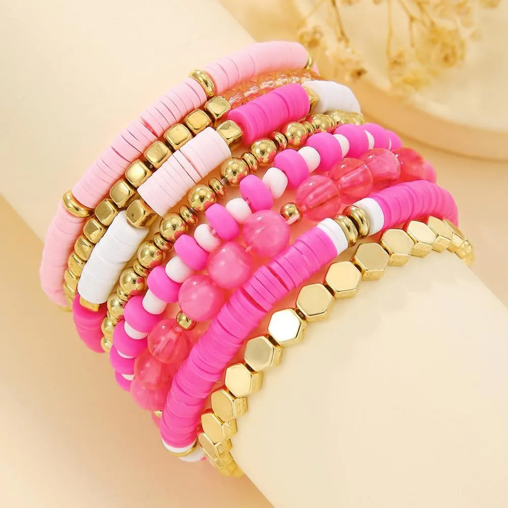 8Pcs Heishi Beaded Stretch Bracelets Bohemian Stackable Bracelet Heart Clay Gold Beaded Bracelet for Women Multi-Layer Friendship Summer Beach Jewelry