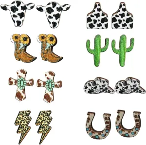 8pcs Western Vintage Cowgirl Cowboy Natural Wooden Stud Earrings Bulk Cattle Head Boot Cactus Hat Lightning Bolt Print for Women Handmade Tribal Animal Jewelry