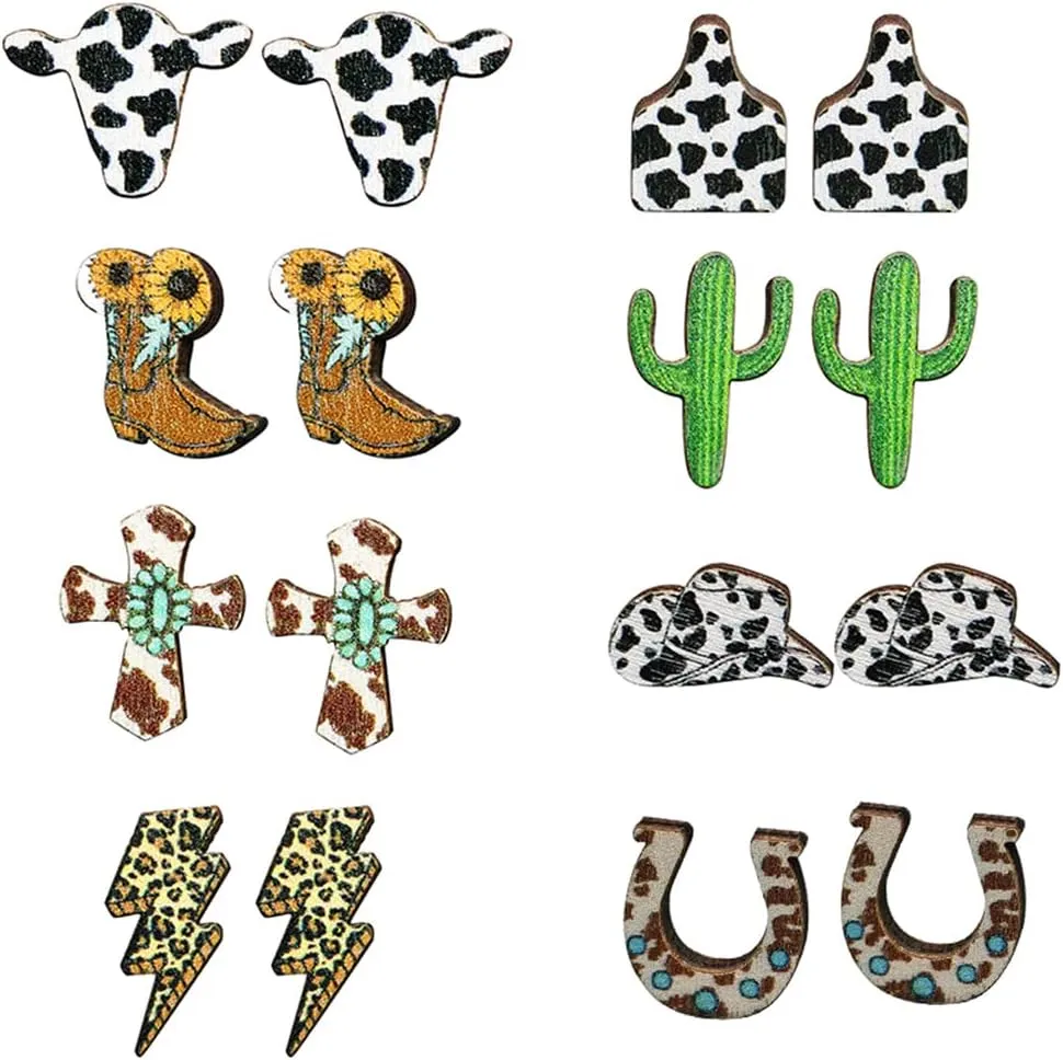 8pcs Western Vintage Cowgirl Cowboy Natural Wooden Stud Earrings Bulk Cattle Head Boot Cactus Hat Lightning Bolt Print for Women Handmade Tribal Animal Jewelry