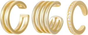 925 Sterling Silver 18K Gold Plated Huggie Ear Cuff for Women | Clip on Cartilage | Set of Three Ear Wraps