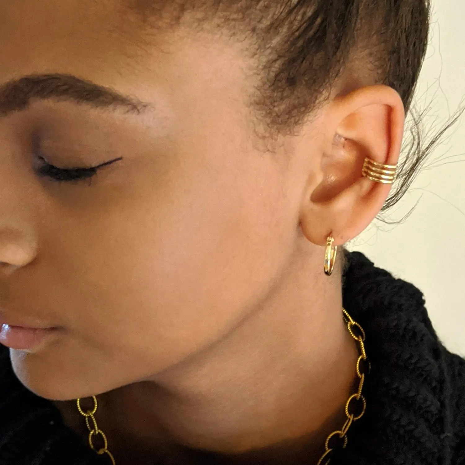 925 Sterling Silver 18K Gold Plated Huggie Ear Cuff for Women | Clip on Cartilage | Set of Three Ear Wraps