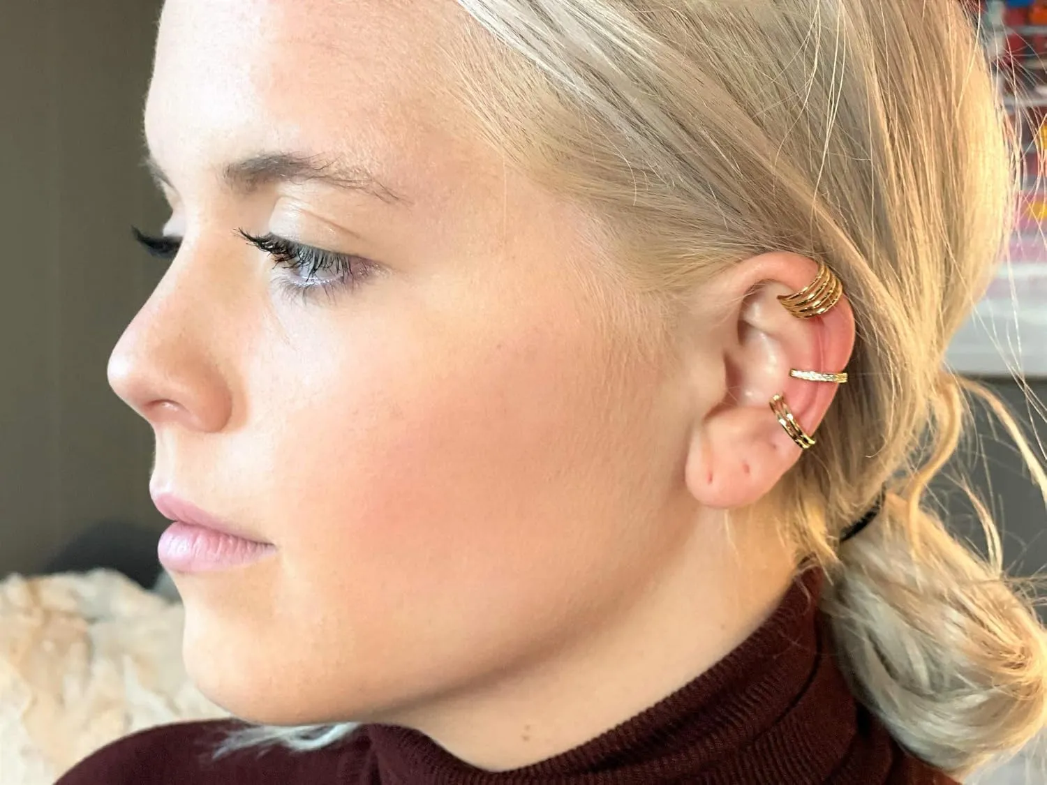 925 Sterling Silver 18K Gold Plated Huggie Ear Cuff for Women | Clip on Cartilage | Set of Three Ear Wraps