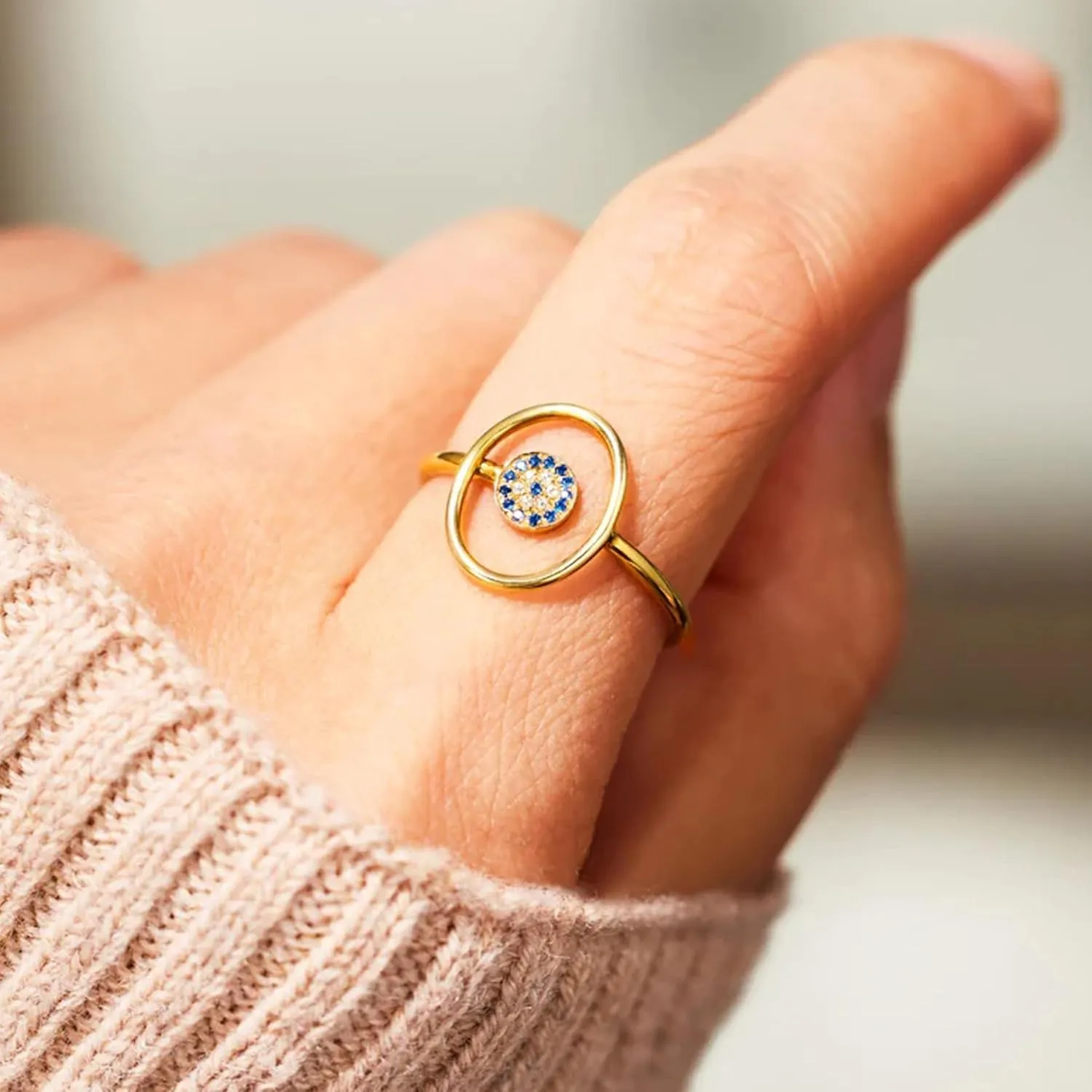 925 Sterling Silver Blue Evil Eye CZ Rings for Women Men Dainty Band 14K Gold Plated Circle Stacking Middle Finger Elegant Sparkly Crystal Fashion Good Luck Protection Birthday Graduation Jewelry Gift