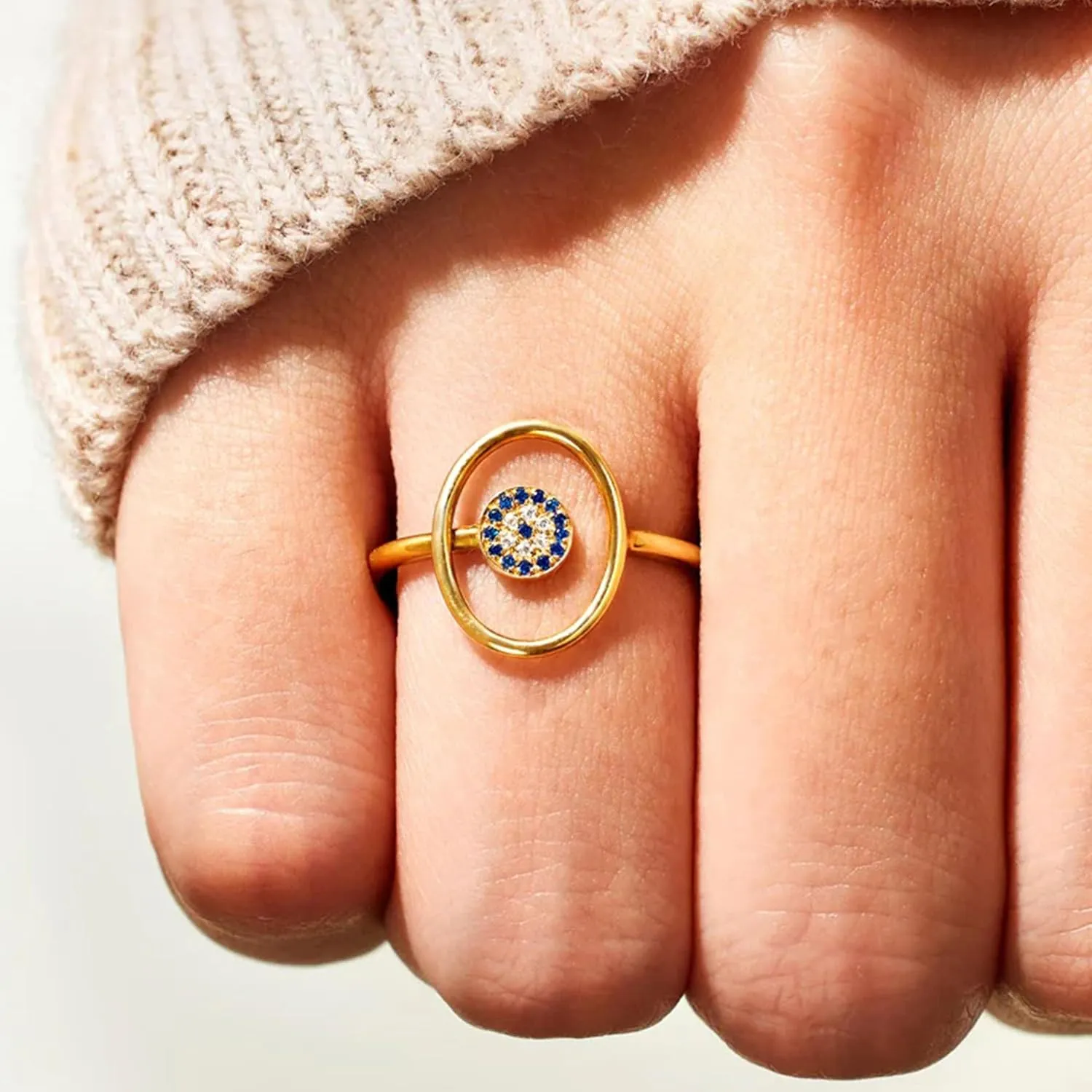 925 Sterling Silver Blue Evil Eye CZ Rings for Women Men Dainty Band 14K Gold Plated Circle Stacking Middle Finger Elegant Sparkly Crystal Fashion Good Luck Protection Birthday Graduation Jewelry Gift