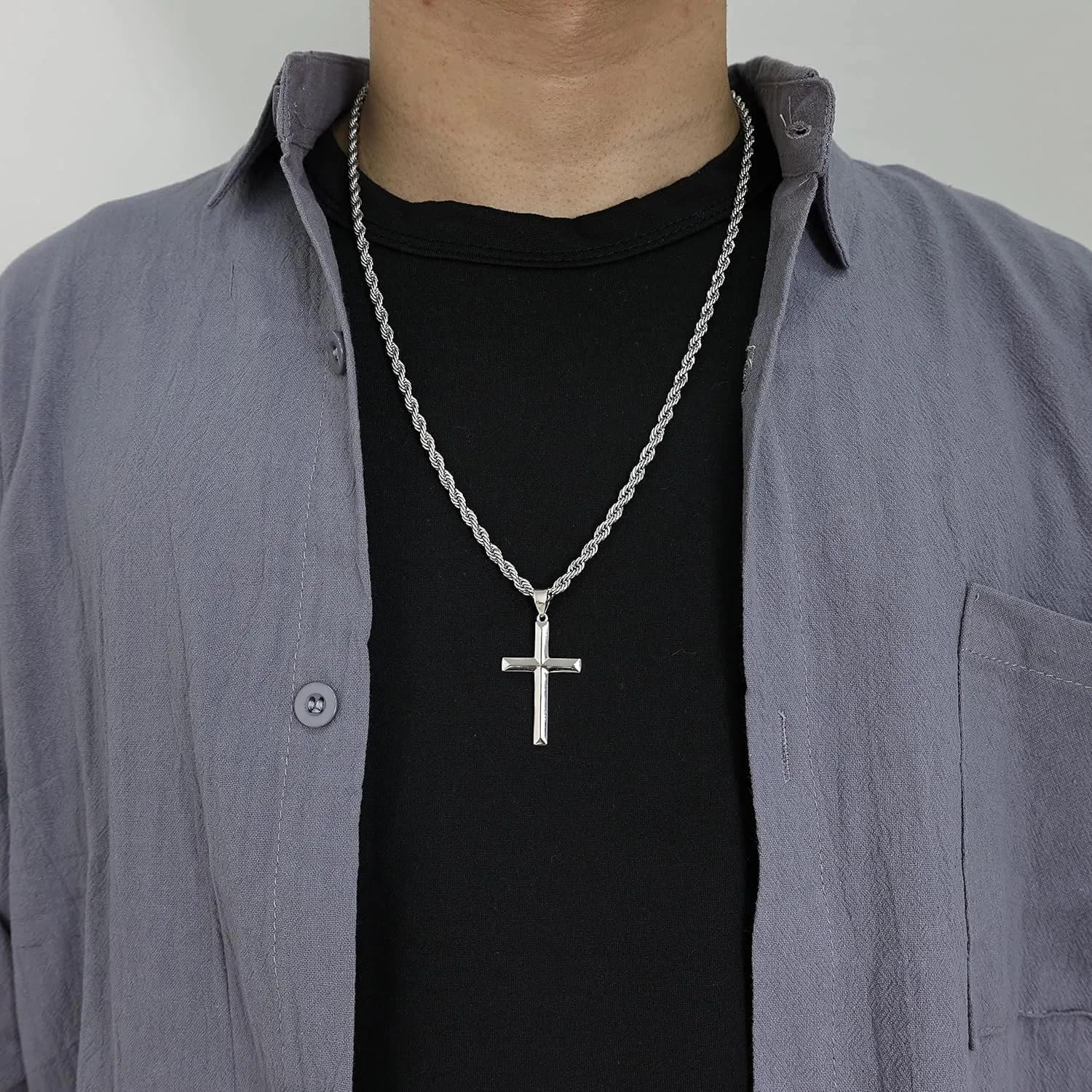 925 Sterling Silver Cross Necklace for Men with 3.5mm Stainless Steel Twist Clasp Rope Chain Necklace Beveled Edge Cross Pendant Necklace for Men Women 16-28 Inches