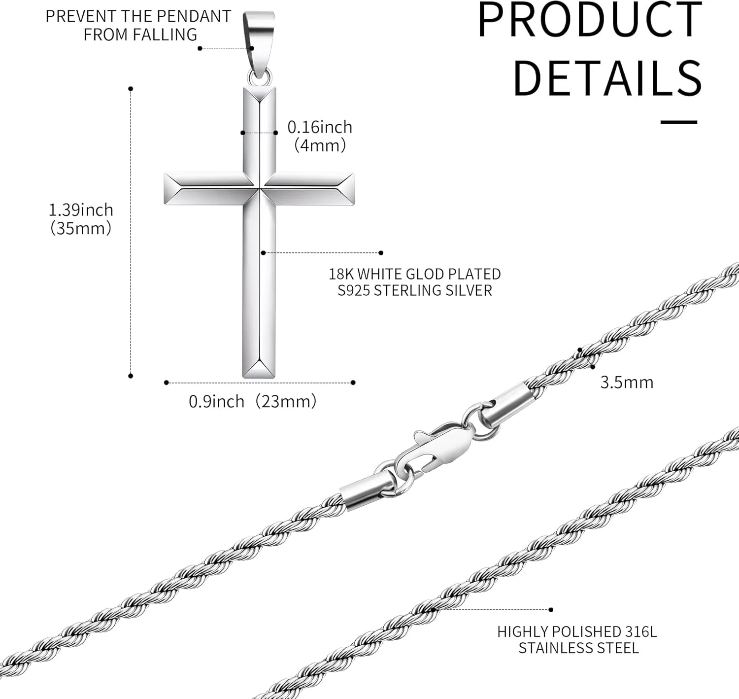925 Sterling Silver Cross Necklace for Men with 3.5mm Stainless Steel Twist Clasp Rope Chain Necklace Beveled Edge Cross Pendant Necklace for Men Women 16-28 Inches