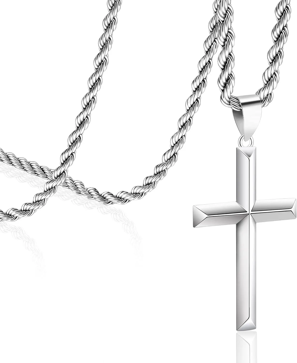 925 Sterling Silver Cross Necklace for Men with 3.5mm Stainless Steel Twist Clasp Rope Chain Necklace Beveled Edge Cross Pendant Necklace for Men Women 16-28 Inches