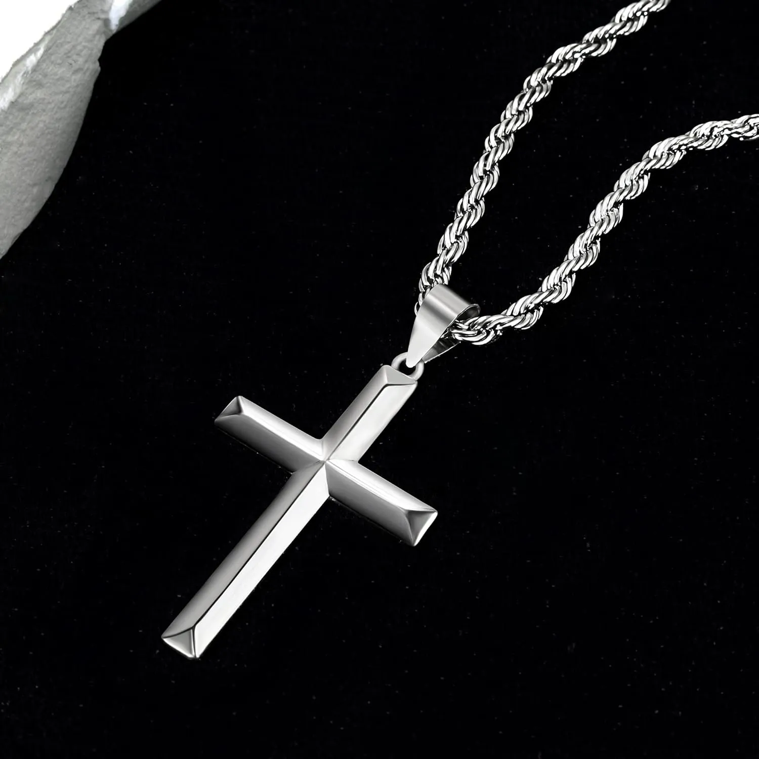 925 Sterling Silver Cross Necklace for Men with 3.5mm Stainless Steel Twist Clasp Rope Chain Necklace Beveled Edge Cross Pendant Necklace for Men Women 16-28 Inches