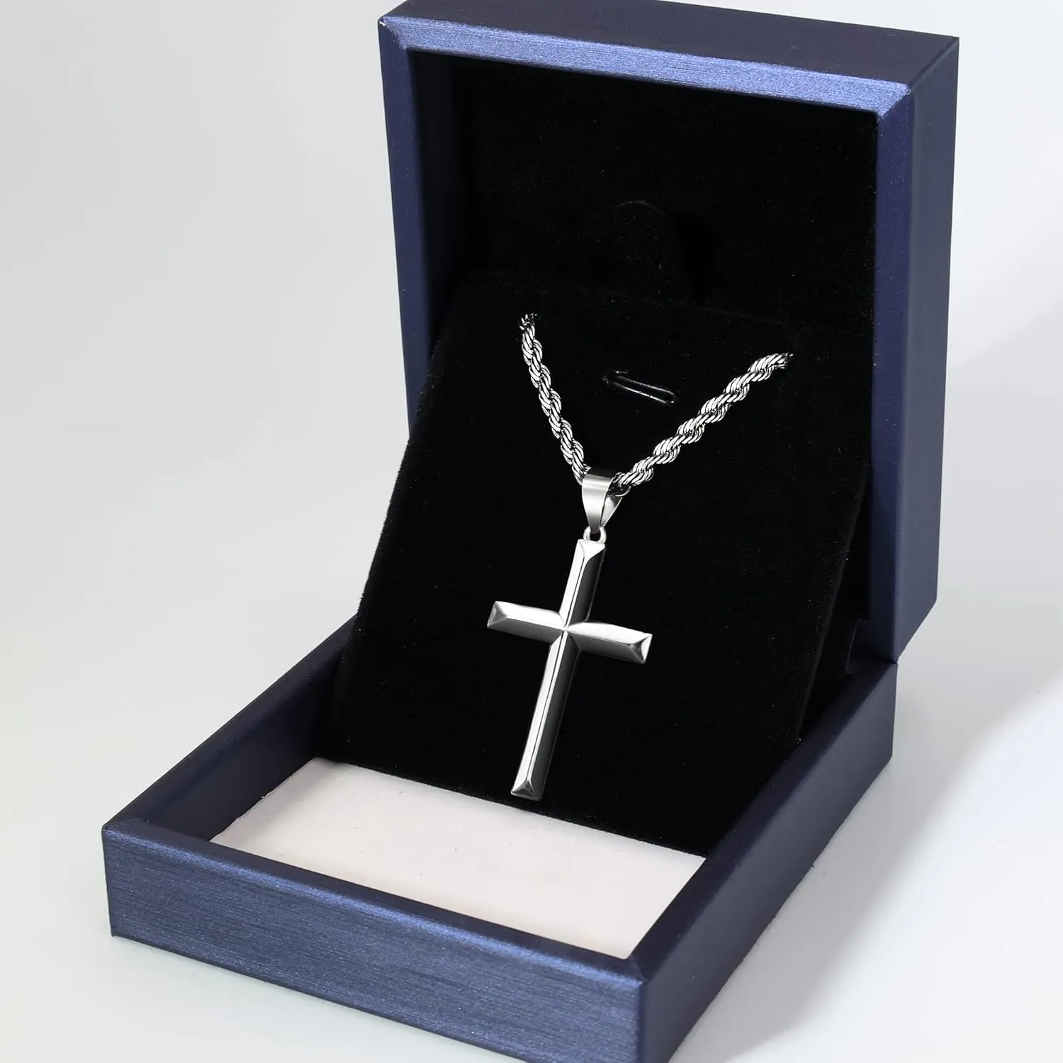 925 Sterling Silver Cross Necklace for Men with 3.5mm Stainless Steel Twist Clasp Rope Chain Necklace Beveled Edge Cross Pendant Necklace for Men Women 16-28 Inches