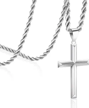 925 Sterling Silver Cross Necklace for Men with 3.5mm Stainless Steel Twist Clasp Rope Chain Necklace Beveled Edge Cross Pendant Necklace for Men Women 16-28 Inches