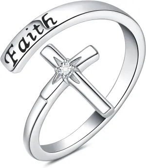 925 Sterling Silver faith Cross Rings for Women - Faith Inspirational Adjustable Rings Jewelry Gifts for Christian