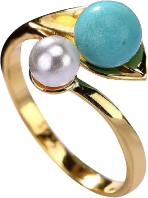 925 Sterling Silver Gold Plated Round Turquoise Rings for Women with Imitation Pearl Open Adjustable Ring