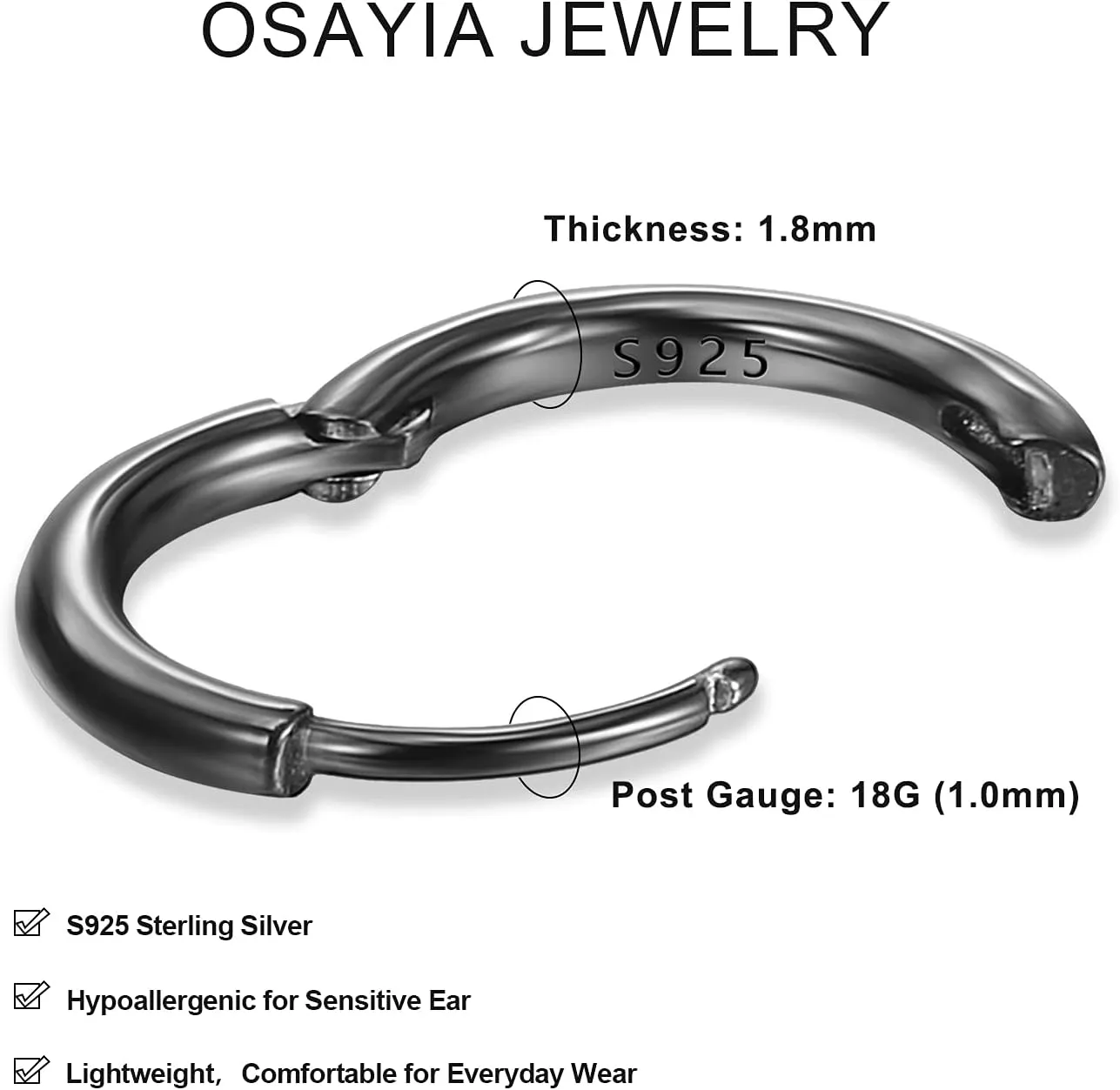 925 Sterling Silver Hoop Earrings 6mm/8mm/10mm Small Hoop Cartilage Earrings Hypoallergenic Huggie Hoop Earring for Women and Men