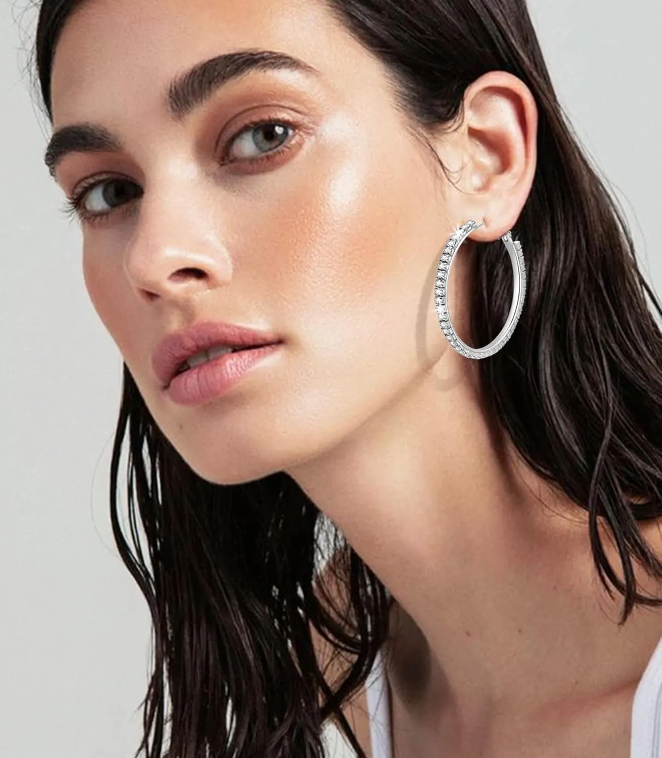 925 Sterling Silver Large Rhinestone Hoop Earrings for Women Girls Big Sparkly CZ Hoops Earring for Womens Thin Gold Plated Hoops Lightweight Hypoallergenic Non Tarnish Gifts 30 40 50 60 70mm