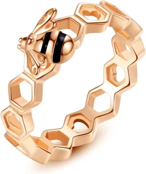 925 Sterling Silver Rose Gold Bee Ring with High-Grade Velt Bag Birthday Gift for Girls
