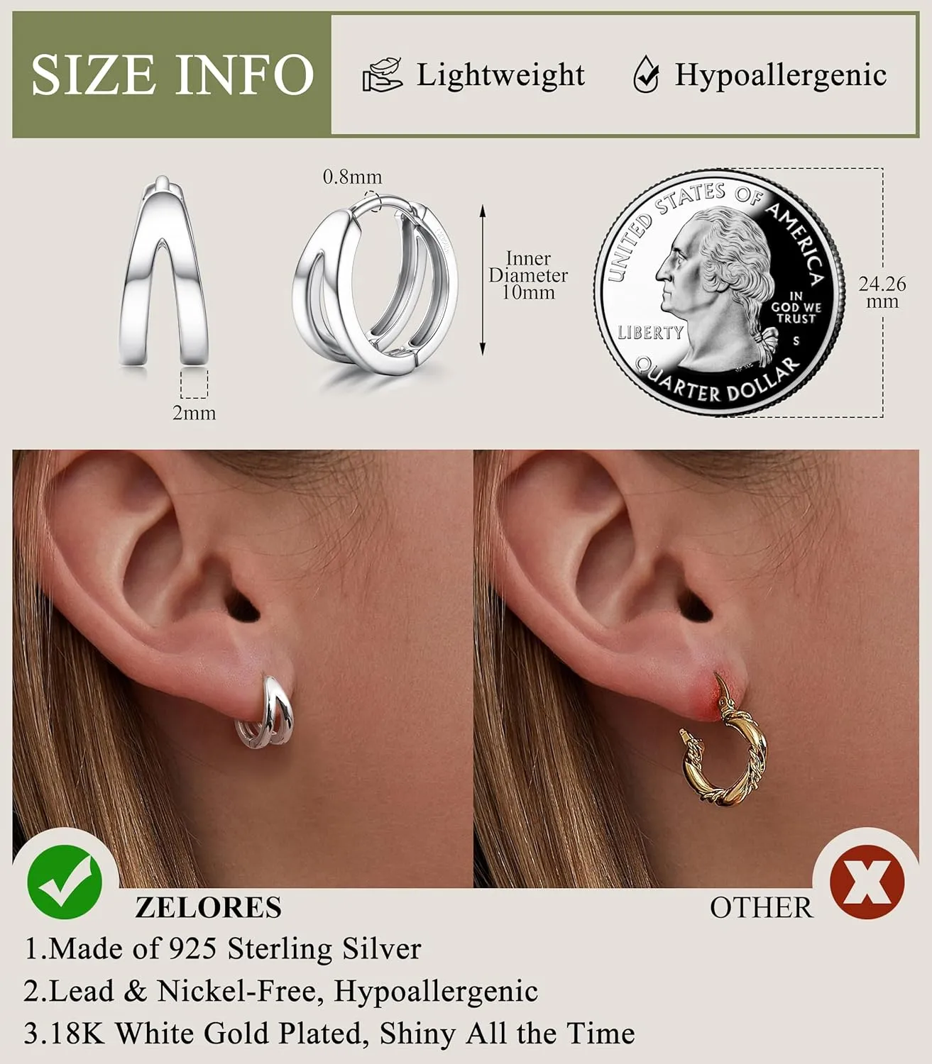 925 Sterling Silver Small Hoop Earrings for Women 18K White Gold Plated Cubic Zirconia Huggie Hoop Earrings Dainty Hoops Earring Double Hoop Earrings