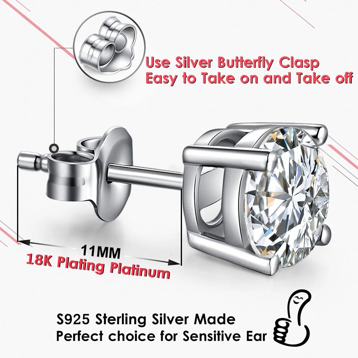 925 Sterling Silver Stud Earrings for Unisex, Stud Earring with 5A  Cubic Zirconia Hypoallergenic Earrings for Women Men 4MM-8MM