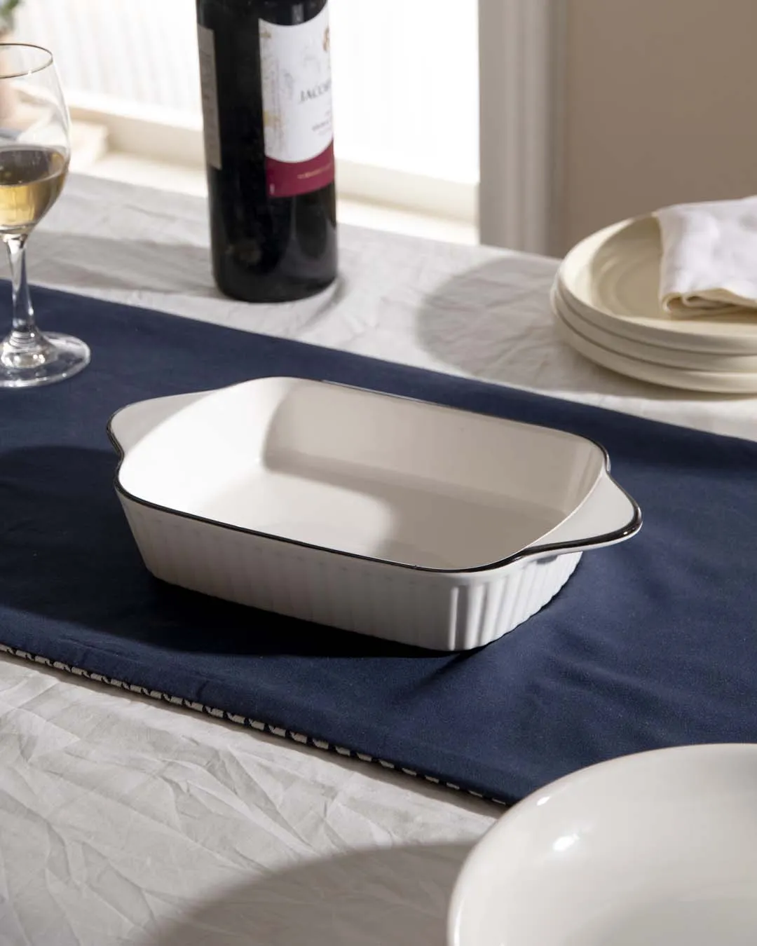 All White Striped Serving Bowl
