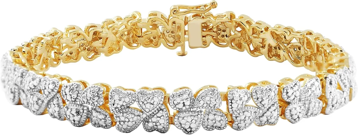 Amazon Essentials Yellow 18K Gold Plated Sterling Silver Genuine Diamond Hearts Bracelet for Women, 7.25" (1/10 cttw, I-J Color, I2-I3 Clarity) - Hypoallergenic Nickel-Free Women's Jewelry