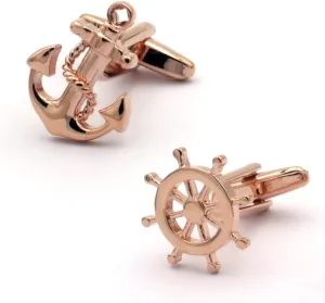 Anchor and Ship Wheel Rose Gold Cufflinks for Men, Nautical-Themed Design, Great for Sailors and Ocean Lovers
