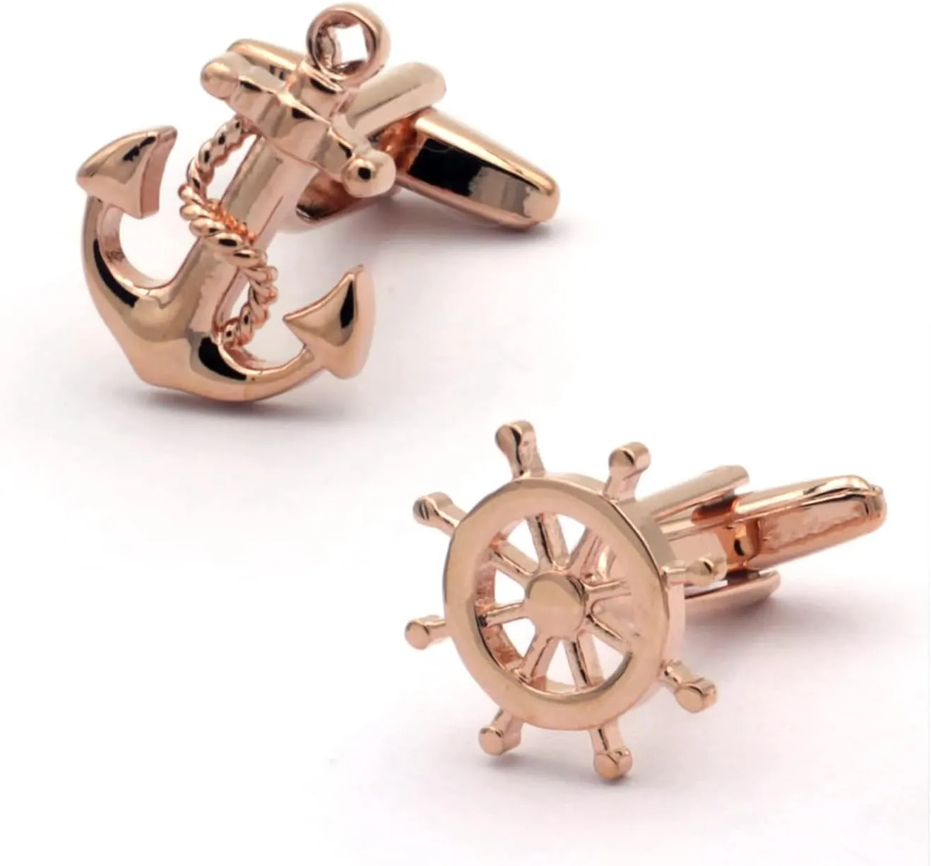 Anchor and Ship Wheel Rose Gold Cufflinks for Men, Nautical-Themed Design, Great for Sailors and Ocean Lovers