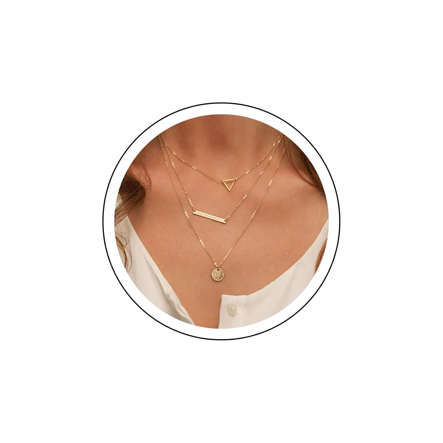 Andelaisi Boho Layered Disc Coin Choker Necklace Gold Coin Disc Pendant Necklace Vintage Triangle Necklace Choker Multilayer Horizontal Bar Chain Necklace Jewelry for Women