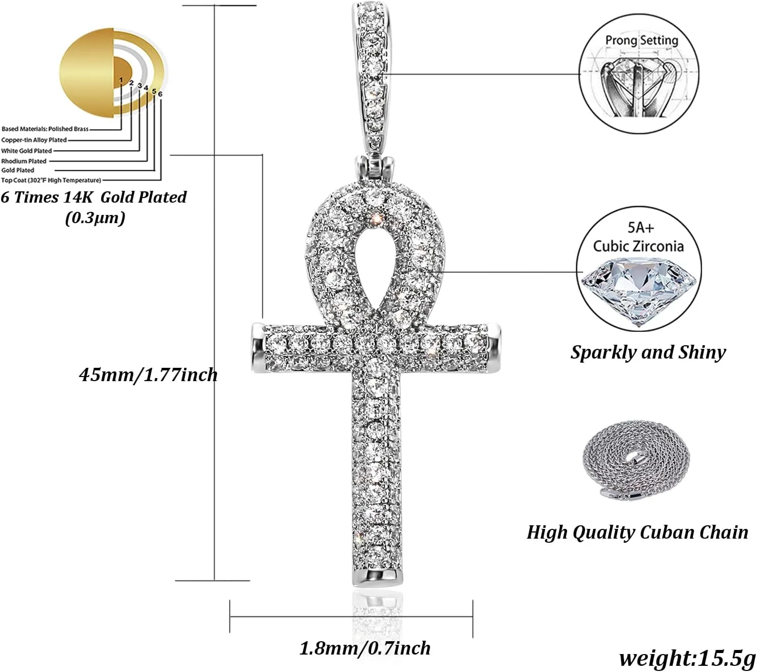 Ankh Cross Pendant 18K Gold Plated Fully Iced Out CZ Egyptian Ankh Religious Chain Necklace for Men Women