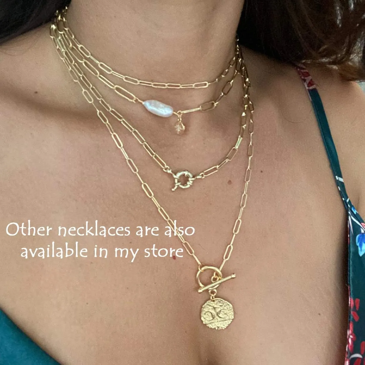 Aobei Pearl 18K Gold Moon Star Lion Evil Eye Love Heart Cross Pendant Necklace Medallion Paperclip Chian Choker Layering Jewery for Women