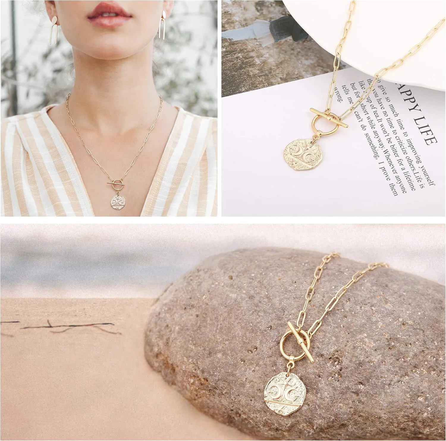 Aobei Pearl 18K Gold Moon Star Lion Evil Eye Love Heart Cross Pendant Necklace Medallion Paperclip Chian Choker Layering Jewery for Women