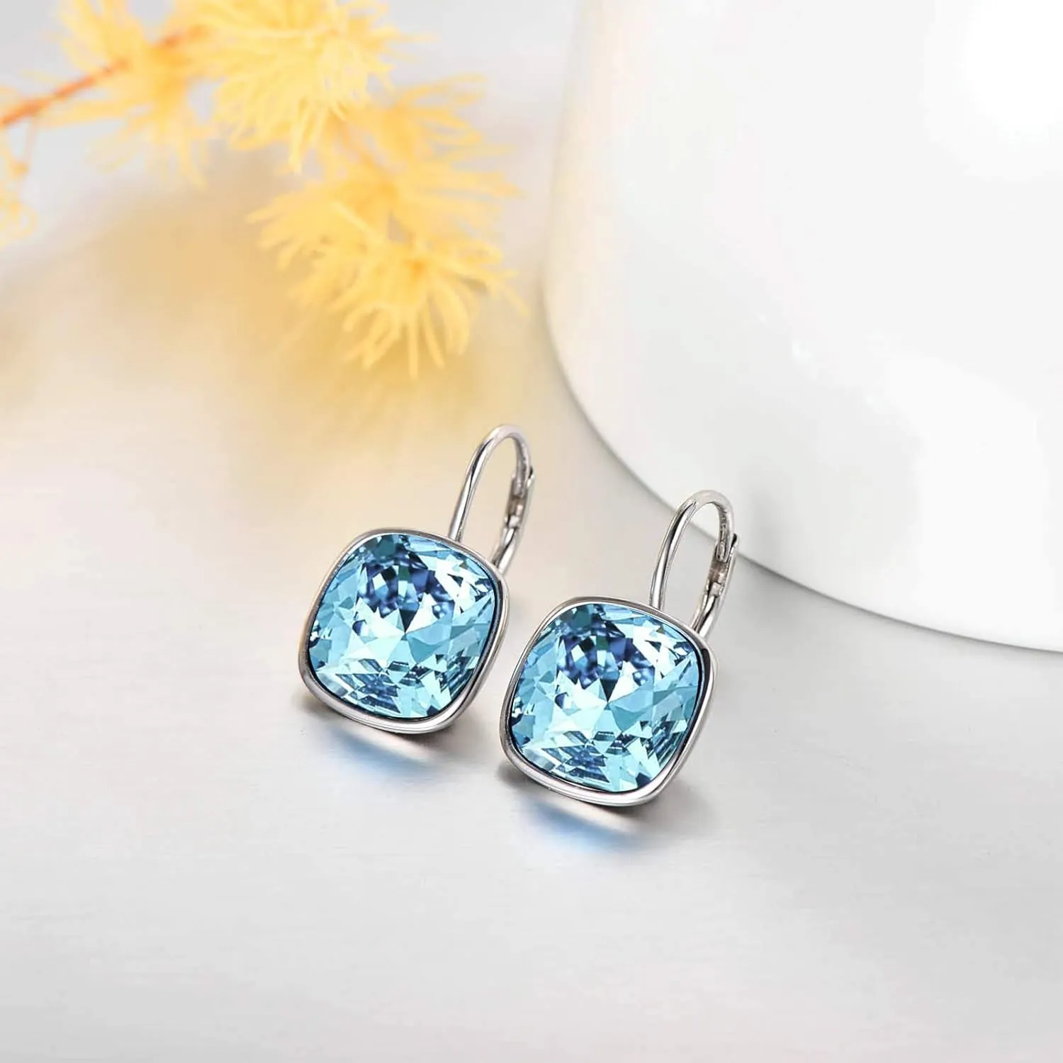 AOBOCO Sterling Silver Leverback Earrings Embellished with Crystals from Austria, Hypoallergenic Cushion Cut Square Crystal Earrings, Fine Anniversary Birthday Jewelry Gifts for Women