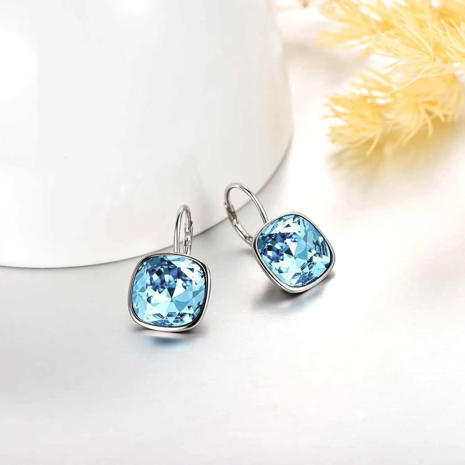 AOBOCO Sterling Silver Leverback Earrings Embellished with Crystals from Austria, Hypoallergenic Cushion Cut Square Crystal Earrings, Fine Anniversary Birthday Jewelry Gifts for Women