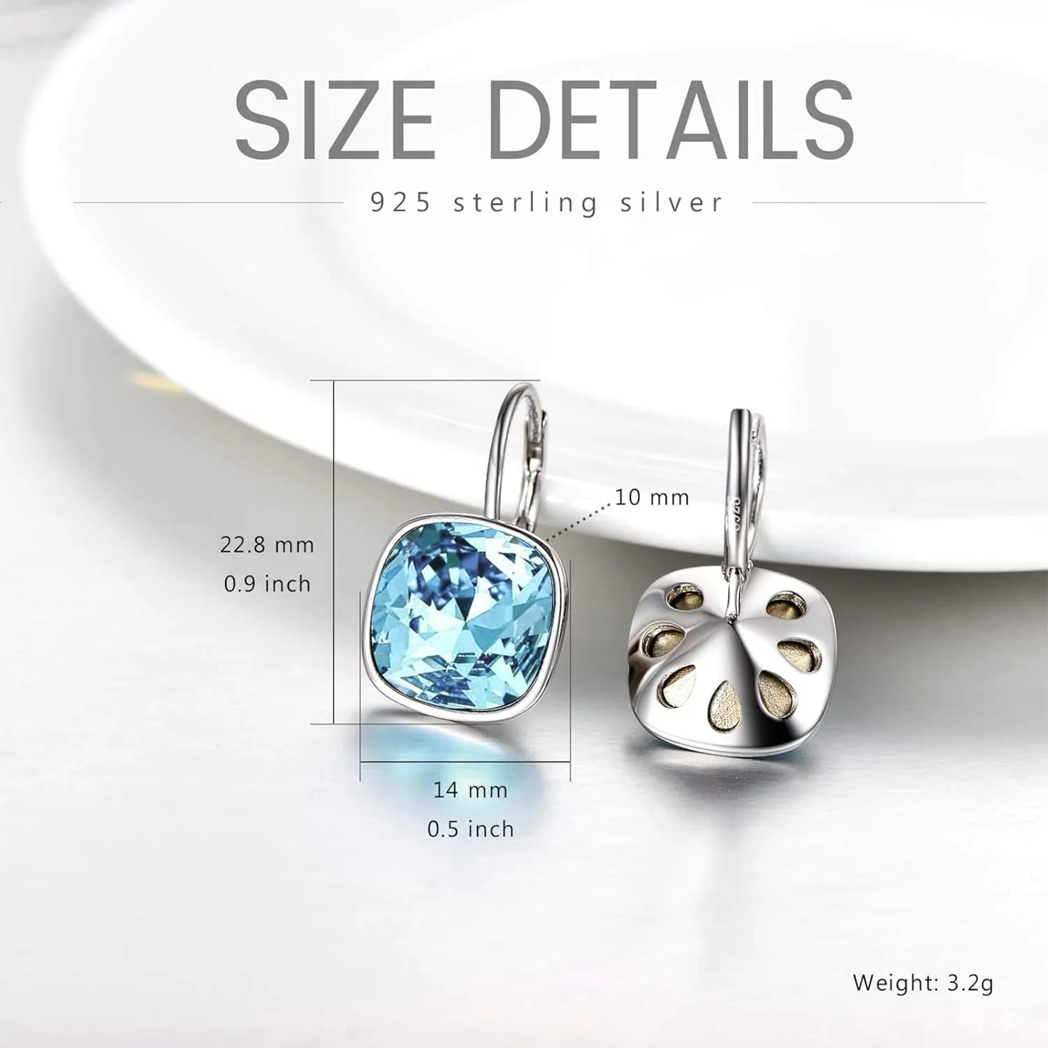 AOBOCO Sterling Silver Leverback Earrings Embellished with Crystals from Austria, Hypoallergenic Cushion Cut Square Crystal Earrings, Fine Anniversary Birthday Jewelry Gifts for Women