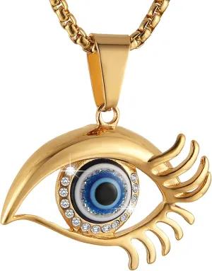 AsAlways 18K Gold Plated Evil Eye Pendant Iced Out Bling Cubic Zirconia Blue Eyes Eyelash Hip Hop Novelty Punk Necklace Jewelry with Gift Packaging
