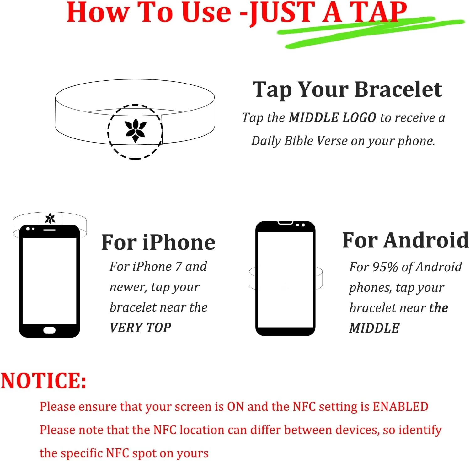Ascona Daily Bible Verse Bracelet Scan, Christian Bracelets for Men Women Scripture Tap Phone Bible Christian Gift Accessories Unisex, 7 Inches
