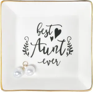 Aunt Gifts Best Aunt Ever Birthday Gift for Women Auntie from Niece and Nephew Mothers Day Christmas Jewelry Dish Ceramic Trinket Trays Ring Holder Bathroom Decor