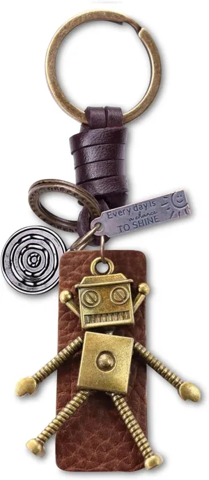 AuPra Alien Robot KeyChain Gift Women & Men Red Leather KeyRing Home Car Door Keys Holder Girl & Boy Funny Present