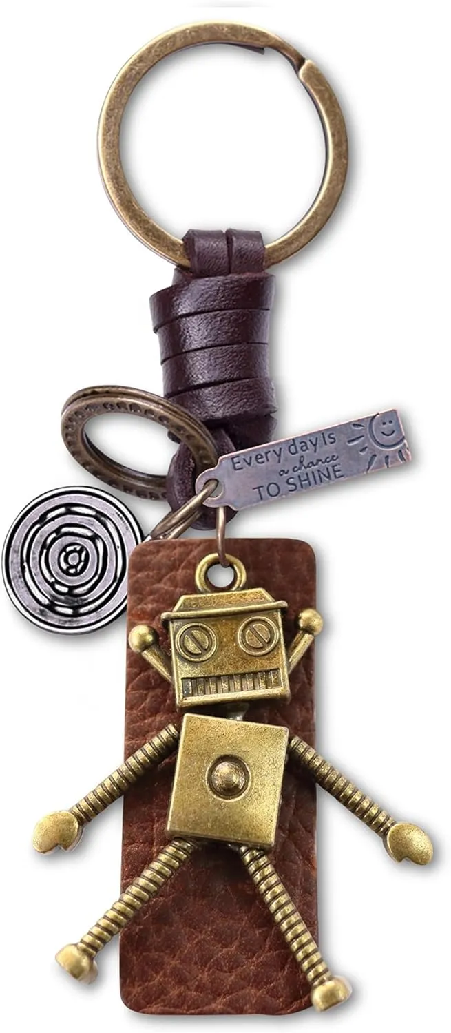 AuPra Alien Robot KeyChain Gift Women & Men Red Leather KeyRing Home Car Door Keys Holder Girl & Boy Funny Present