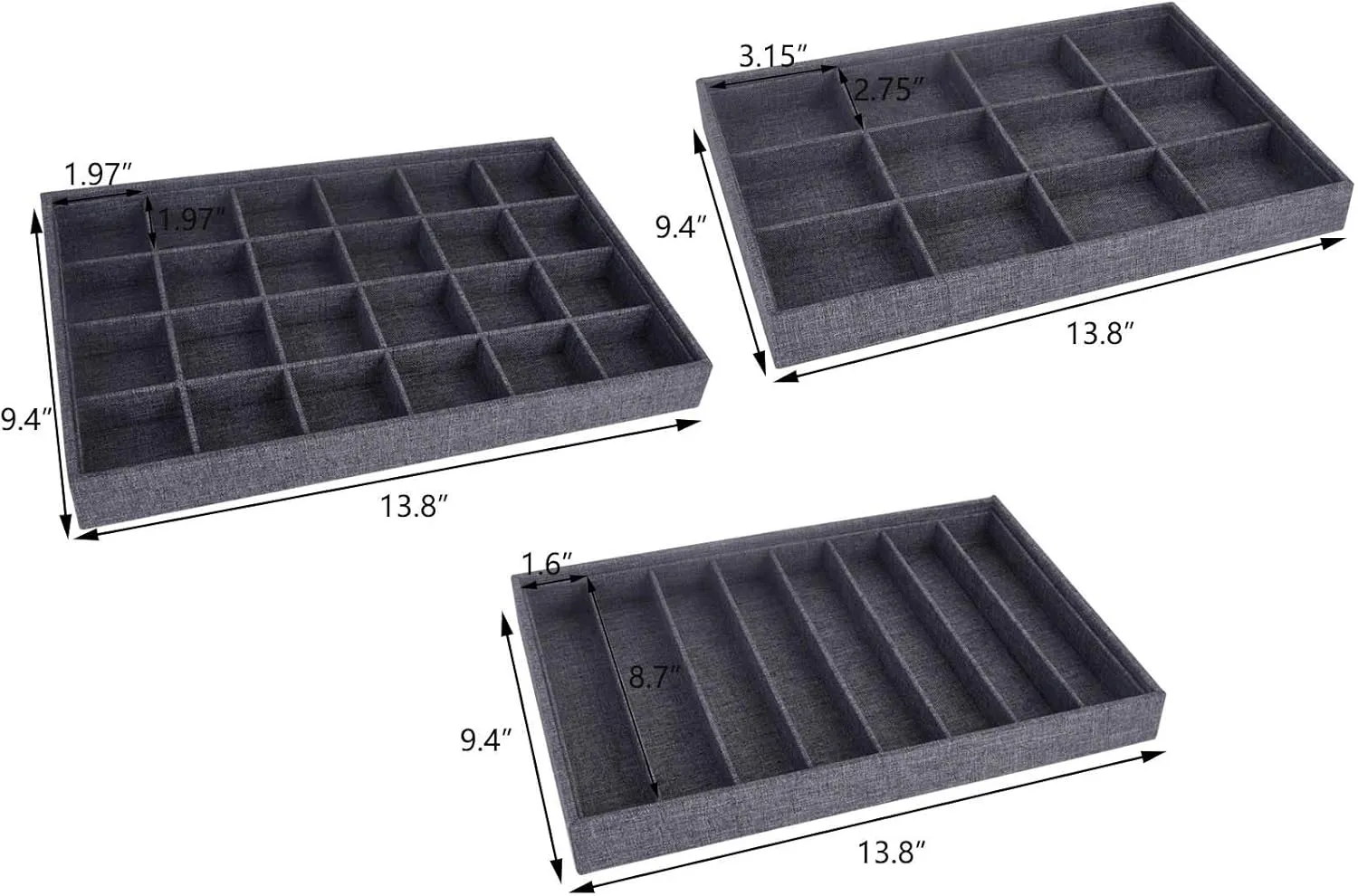 AUTOARK Grey Linen Stackable Jewelry Tray Showcase Display Organizer,Set of 3,AJ-010
